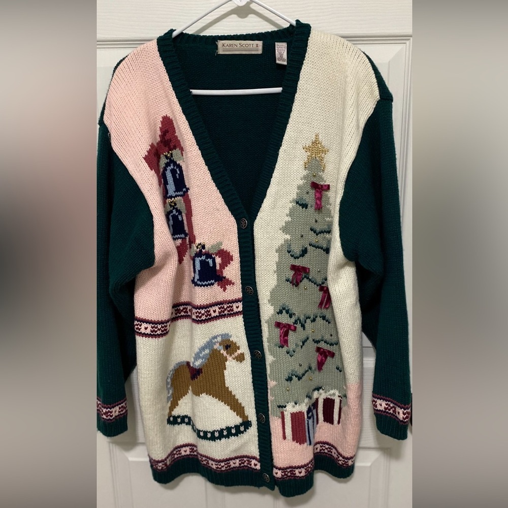 Karen Scott Women's Holiday Cardigan - Green, Pink, Cream Size 2X